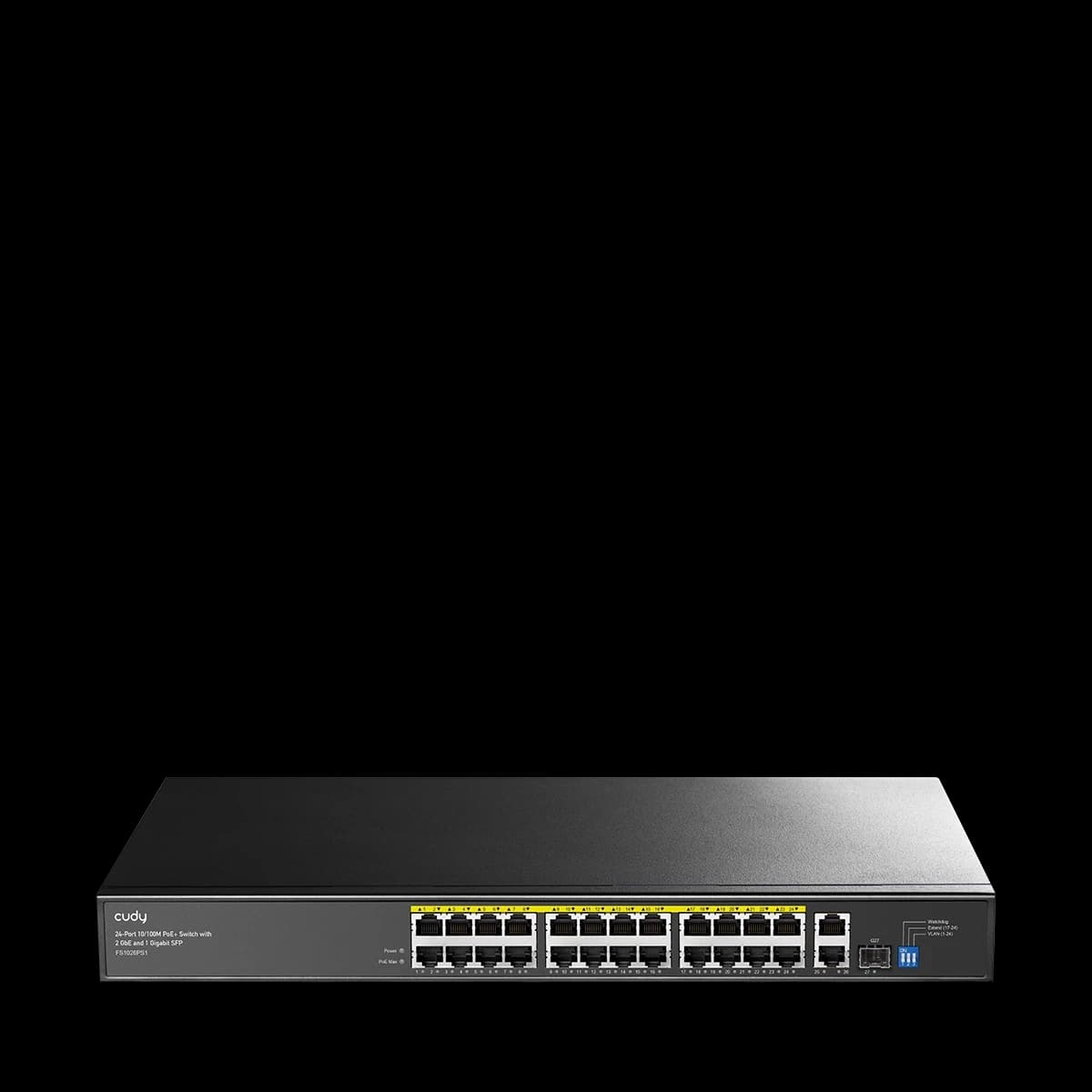 Сетевой коммутатор CUDY FS1026PS1 24x10/100Mbps PoE,2x1000Mbpc, 1.25G SFP Slots, PoE budget до 293Вт; блок питания 300Вт; до 30Вт, VLAN/Default/Extend DIP Switch , PoE LED Toggle, 802.3i/u/ab/z/x/af/at
