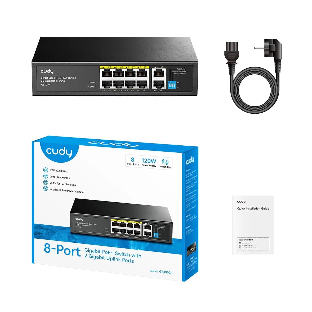 Сетевой коммутатор CUDY GS1010P 10x1000Mbpc,PoE budget до 110Вт; блок питания 120Вт; до 30Вт, VLAN/Default/Extend DIP Switch , 802.3i/u/ab/x/af/at