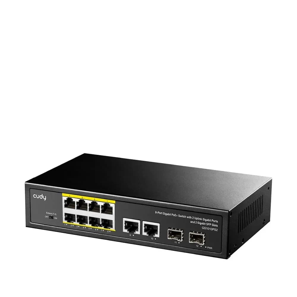 Сетевой коммутатор CUDY GS1010PS2 10x1000Mbpc, 2x1.25G SFP Slots, PoE budget до 110Вт; блок питания 120Вт; до 30Вт, VLAN/Default/Extend DIP Switch , 802.3i/u/ab/z/x/af/at