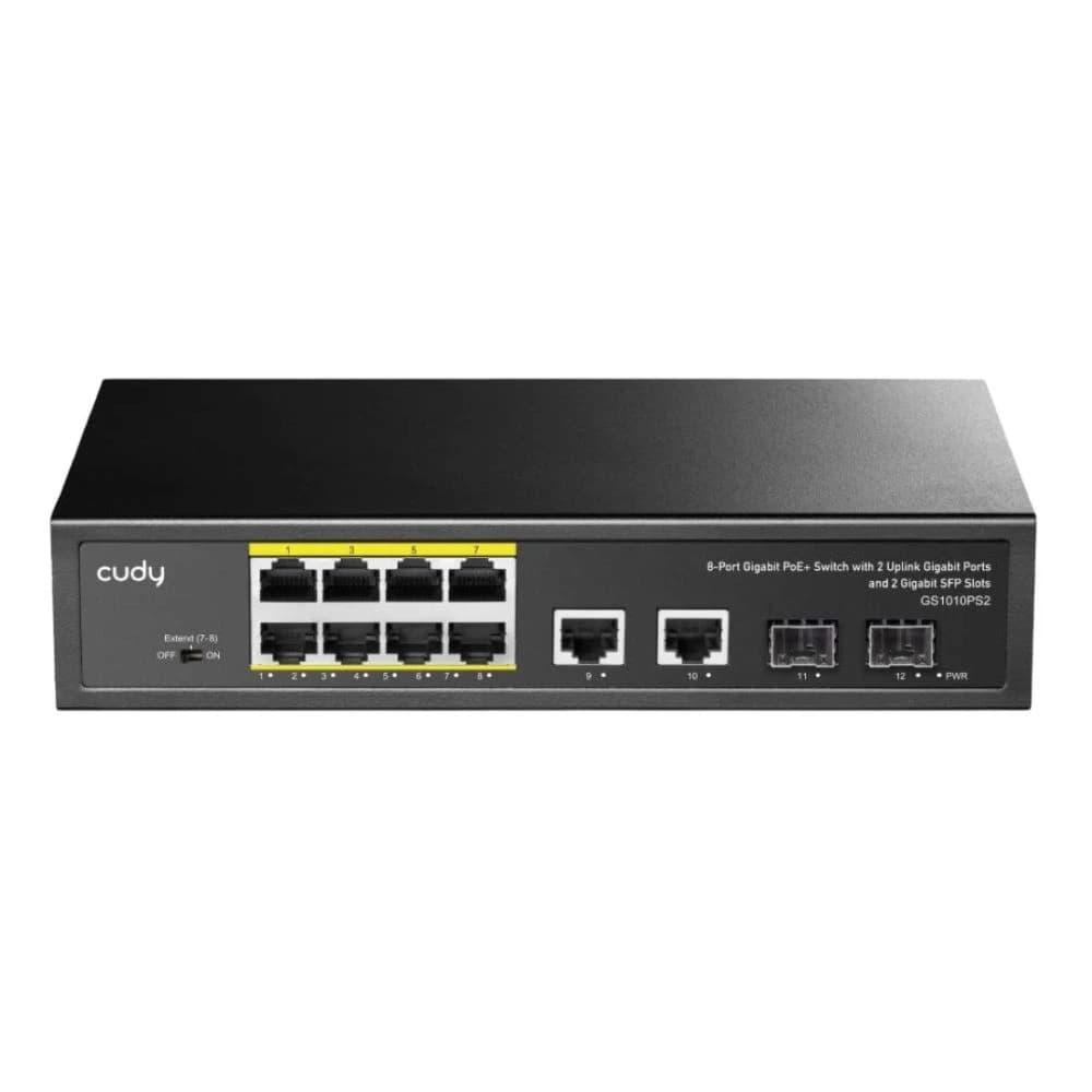 Сетевой коммутатор CUDY GS1010PS2 10x1000Mbpc, 2x1.25G SFP Slots, PoE budget до 110Вт; блок питания 120Вт; до 30Вт, VLAN/Default/Extend DIP Switch , 802.3i/u/ab/z/x/af/at