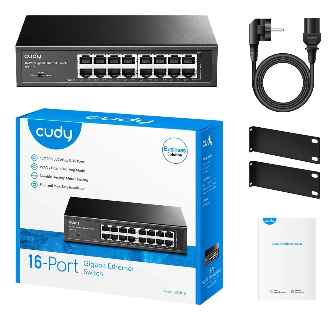 Сетевой коммутатор CUDY GS1016 16-Port Gigabit Switch, 16 Gigabit RJ45 Ports, IGMP Snooping, Loop Detection/Prevention, 802.1p/DSCP QoS, Switch/VLAN/Extend work. mode DIP switch,Rack-mountable Steel Case,Power Saving,Plug and Play,Rack-Mount kits included