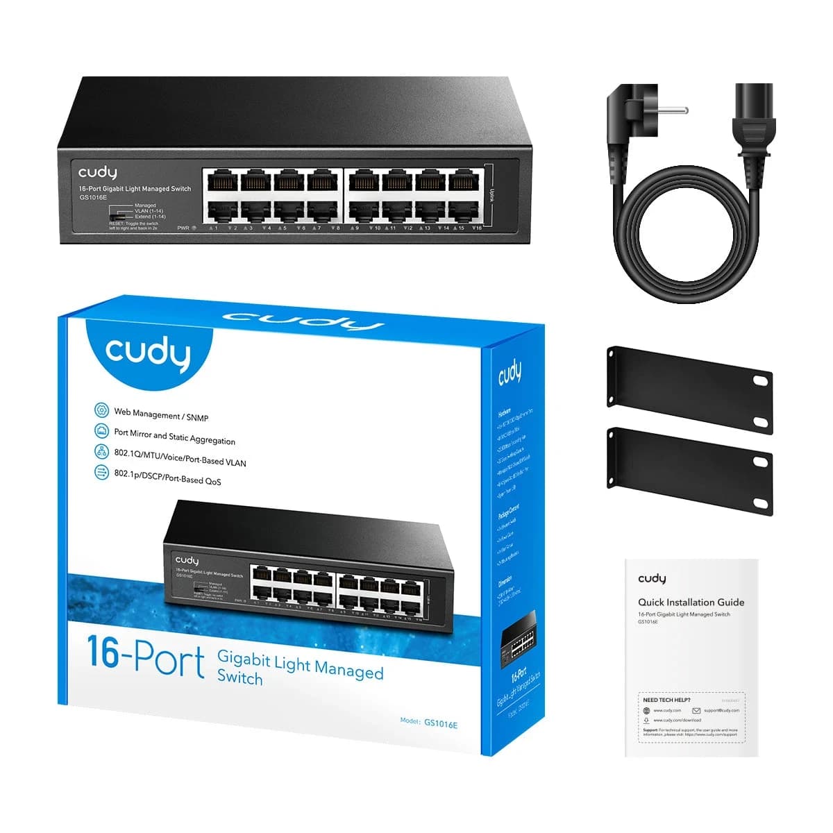 Сетевой коммутатор CUDY GS1016E 16-Port Gigabit Light Managed Switch, 16 Gigabit RJ45 Ports, Rack-mountable, Power Saving, Plug and Play,Managed/VLAN/Extend working mode DIP switch,Local management via WEB GUI,support STP/RSTP,802.1Q/Port Based/Voice VLAN