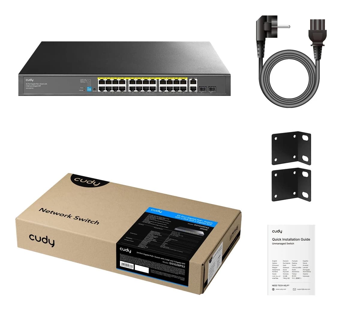 Сетевой коммутатор CUDY GS1026PS2 26x1000Mbpc, 2x1.25G SFP Slots, PoE budget до 280Вт; блок питания 300Вт; до 30Вт, VLAN/Default/Extend DIP Switch , 802.3i/u/ab/z/x/af/at, PoE LED Toggle