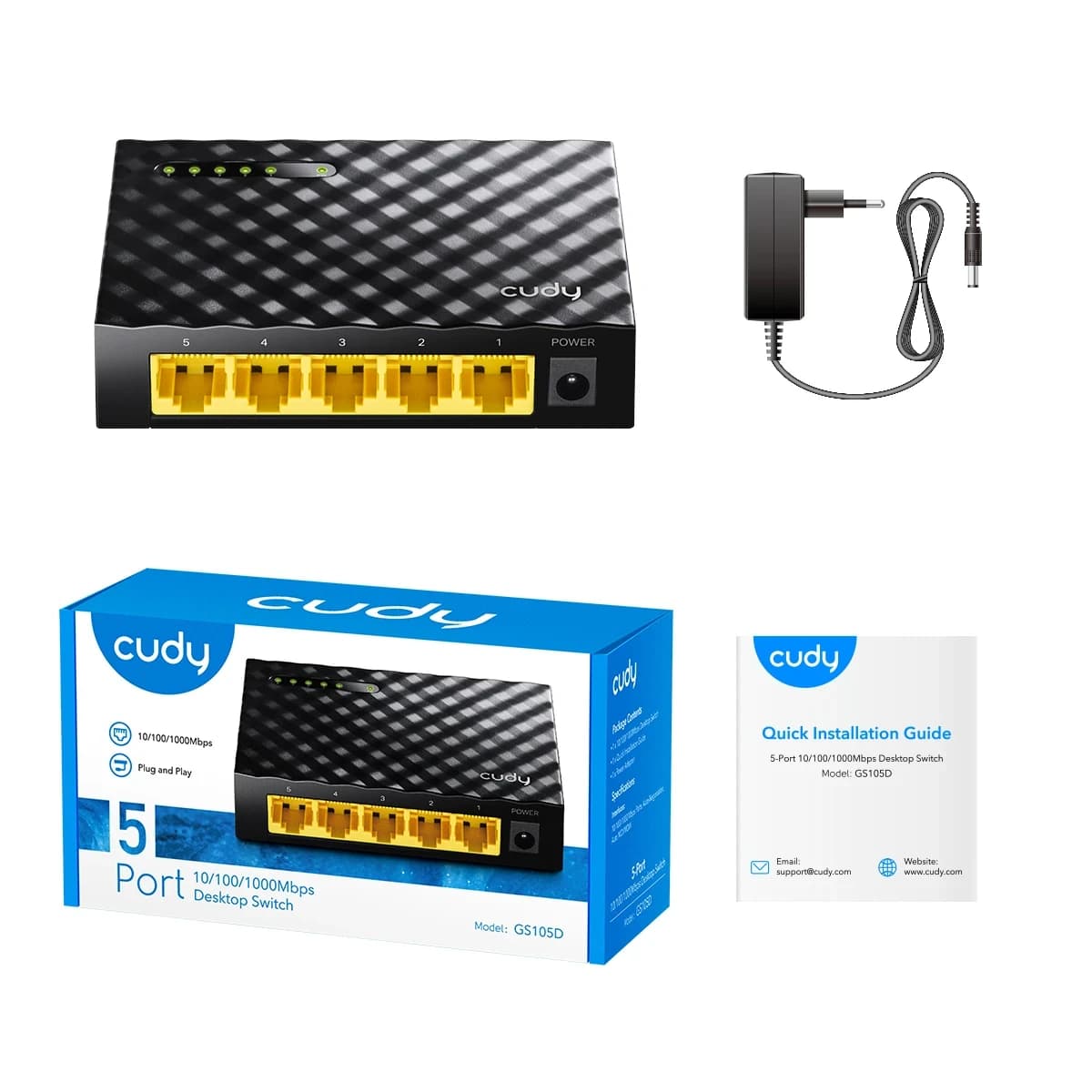 Сетевой коммутатор CUDY GS105D 5-Port Gigabit Desktop Switch, 5 10/100/1000M RJ45 Ports, IGMP Snooping, Loop Detection/Prevention, 802.1p/DSCP QoS, Desktop Plastic Case, Power Saving, Plug and Play, Wall-Mount