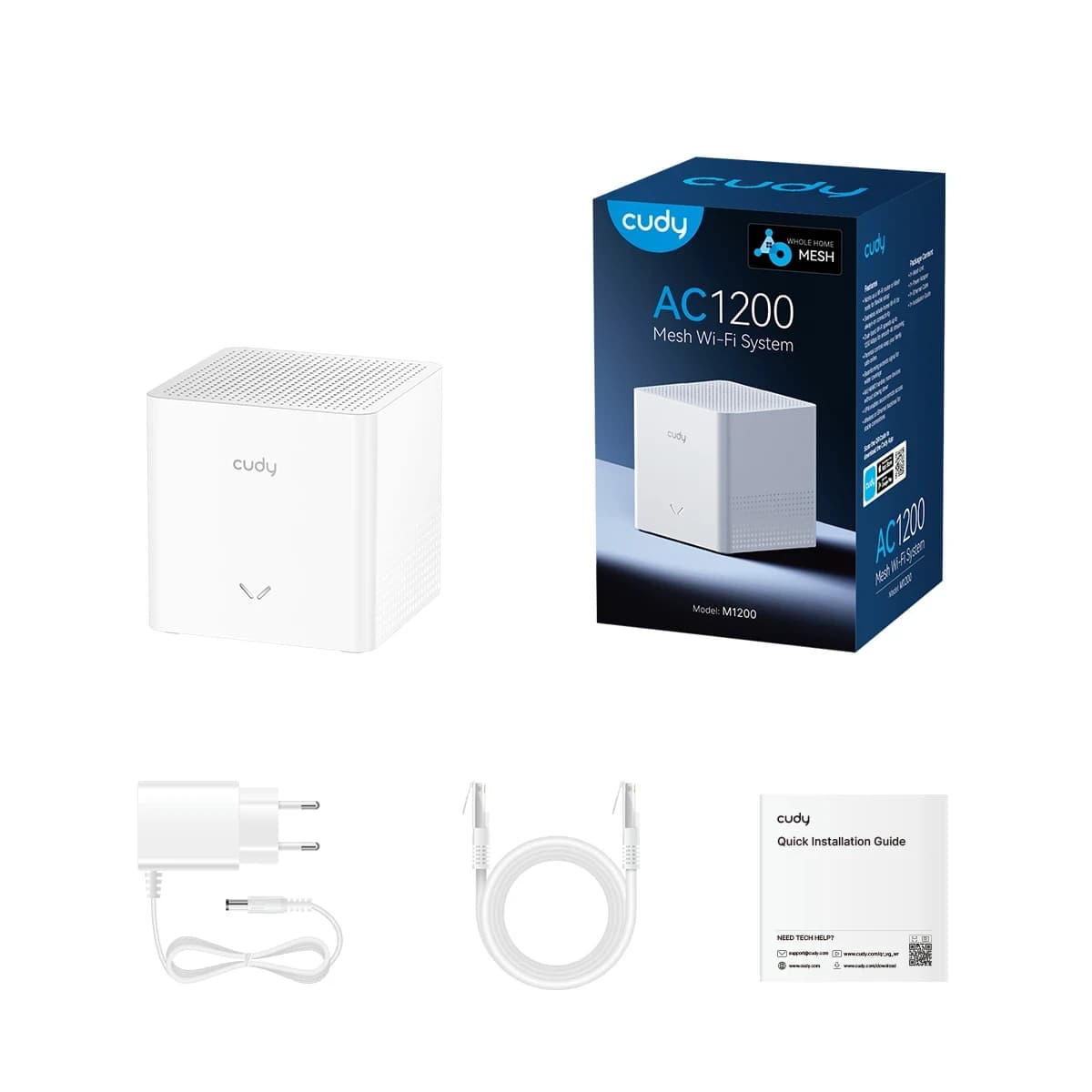 Mesh Wi-Fi система CUDY M1200 (1-Pack) AC1200 Wi-Fi, Dual-Band, 867Mbps at 5GHz + 300Mbps at 2.4GHz, 802.11ac/a/b/g/n, 2 Fast Ethernet Ports, 2 anten., MU-MIMO, DDNS, Zerotier/Wireguard/OpenVPN/IPSec/L2TP/PPTP VPN,DNS over Cloudflare/Google/Quad9