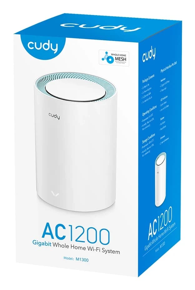 Mesh Wi-Fi система CUDY M1300 (1-Pack) AC1200 Wi-Fi Gigabit, Dual-Band, 867Mbps at 5GHz + 300Mbps at 2.4GHz, 802.11ac/a/b/g/n, 2 Gb Ethernet Ports,MU-MIMO, DDNS, Zerotier/Wireguard/OpenVPN/IPSec/L2TP/PPTP VPN, DNS over Cloudflare/Google/Quad9