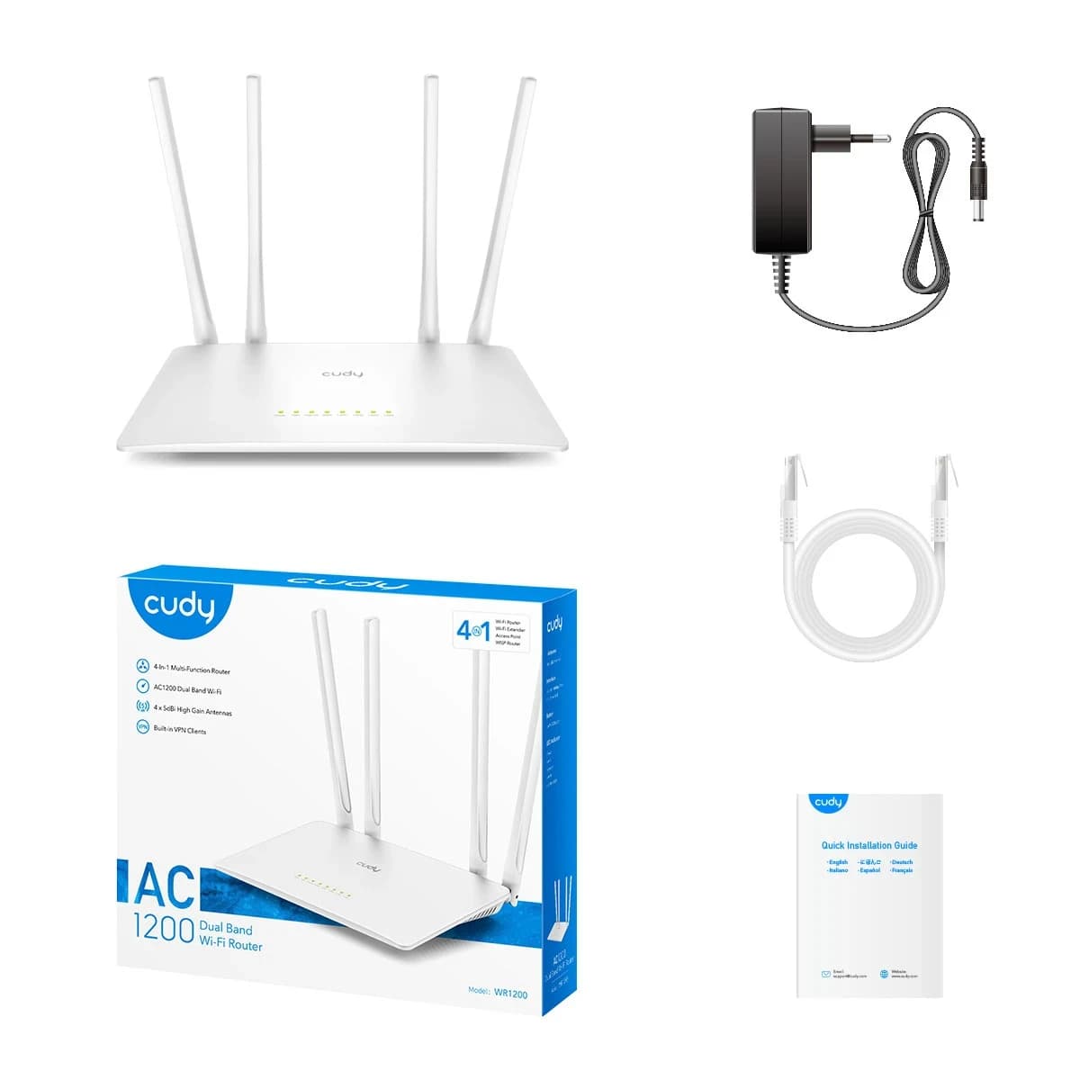 Беспроводной маршрутизатор Wi-Fi CUDY WR1200 AC1200 режимы AP/RE/WISP/Mesh Satellite, Dual-Band, 867Mb/s 5GHz+300Mb/s 2.4GHz, 5xLAN 10/100 Mbp/s, 4 антенны x5dBi, MU-MIMO, IPTV