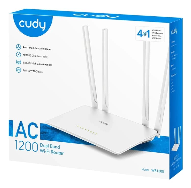 Беспроводной маршрутизатор Wi-Fi CUDY WR1200 AC1200 режимы AP/RE/WISP/Mesh Satellite, Dual-Band, 867Mb/s 5GHz+300Mb/s 2.4GHz, 5xLAN 10/100 Mbp/s, 4 антенны x5dBi, MU-MIMO, IPTV