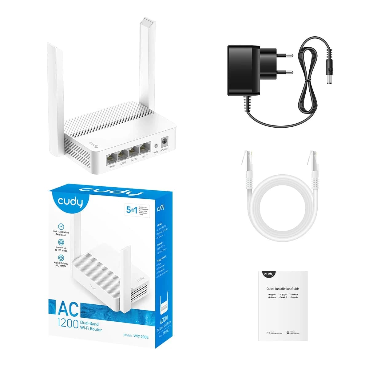 Беспроводной маршрутизатор Wi-Fi CUDY WR1200E AC1200 Dual Band, 802.11ac/a/b/g/n, 867Mbps at 5GHz + 300Mbps at 2.4GHz, 4 × 10/100Mbps Ports,/AP/Repeater/WISP Mode,4 5dBi antennas, Guest network, WPS, DDNS,VPN Client, IPv6,TR069/TR098/TR111/TR181, Cudy APP