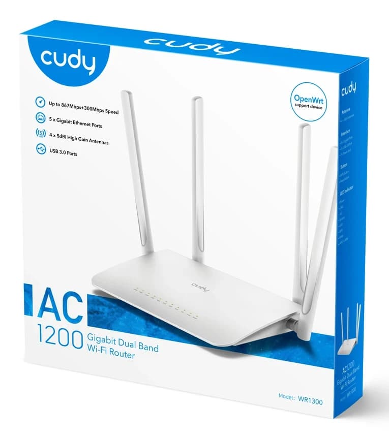 Беспроводной маршрутизатор Wi-Fi CUDY WR1300 AC1200 Gigabit Mesh режимы Router/Mesh/Repeater/WISP/Access Point, Dual-Band, 867Mb/s 5GHz+300Mb/s 2.4GHz, 5xLAN 1Gbp/s, 4 антенны x5dBi