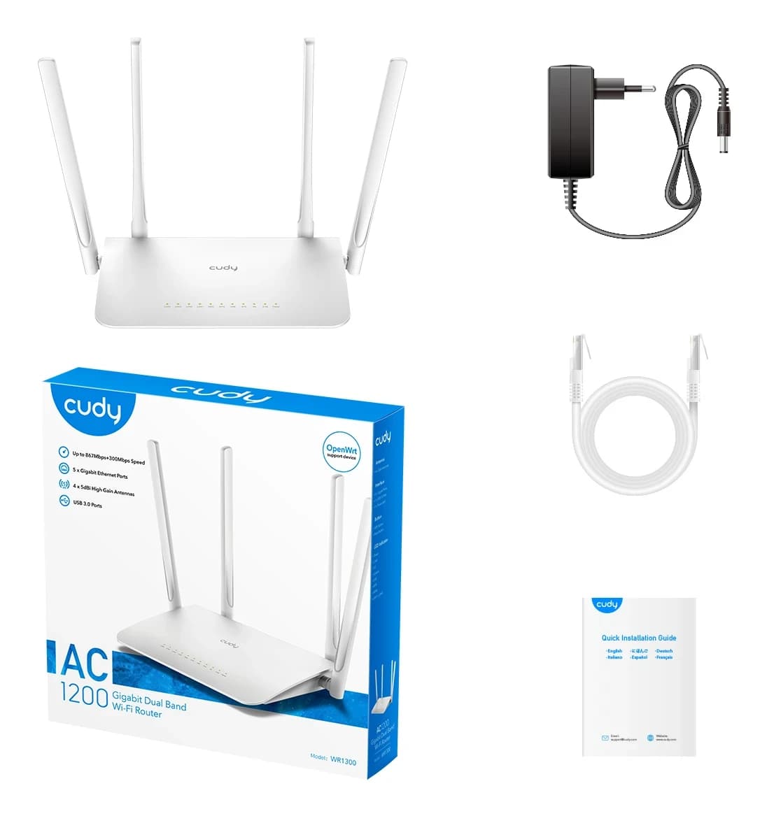 Беспроводной маршрутизатор Wi-Fi CUDY WR1300 AC1200 Gigabit Mesh режимы Router/Mesh/Repeater/WISP/Access Point, Dual-Band, 867Mb/s 5GHz+300Mb/s 2.4GHz, 5xLAN 1Gbp/s, 4 антенны x5dBi