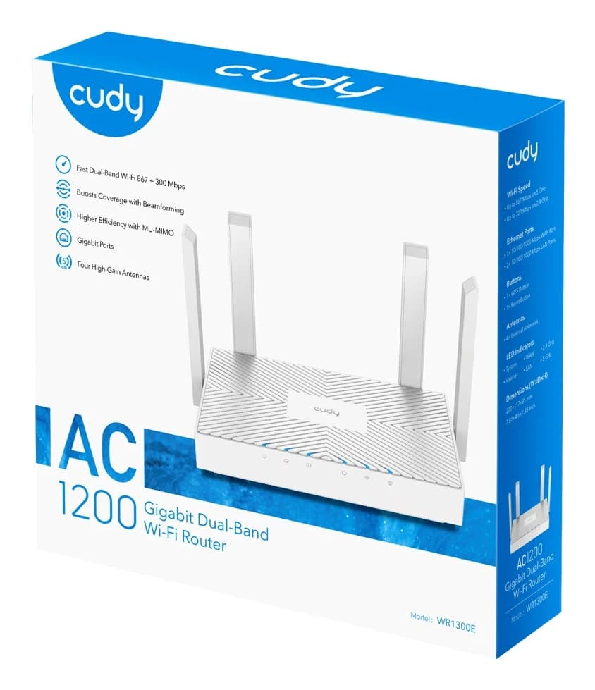 Беспроводной маршрутизатор Wi-Fi CUDY WR1300E AC1200 Gigabit Dual Band Router, 3 × 10/100/1000Mbps RJ45 Ports, 4 x 5dBi ant., 802.11ac/a/b/g/n,867Mbps at 5GHz+300Mbps at 2.4GHz,DDNS,WiFi Schedule,IPv6,WPS,WPA3, IPTV, WOL, TR069/TR098/TR111/TR181, Cudy APP