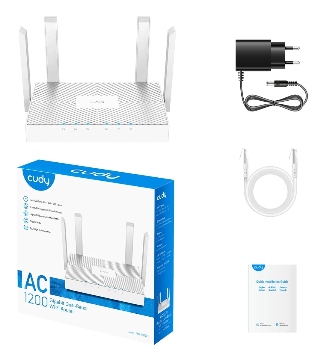Беспроводной маршрутизатор Wi-Fi CUDY WR1300E AC1200 Gigabit Dual Band Router, 3 × 10/100/1000Mbps RJ45 Ports, 4 x 5dBi ant., 802.11ac/a/b/g/n,867Mbps at 5GHz+300Mbps at 2.4GHz,DDNS,WiFi Schedule,IPv6,WPS,WPA3, IPTV, WOL, TR069/TR098/TR111/TR181, Cudy APP