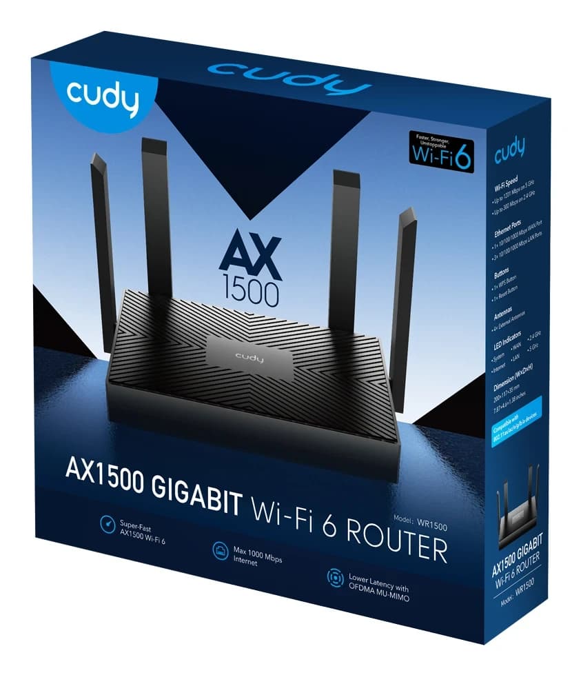 Беспроводной маршрутизатор Wi-Fi CUDY WR1500 AX1500 Gigabit 6 Dual-Band Wi-Fi 6, 1201Mb/s 5GHz+300Mb/s 2.4GHz, 4xLAN 1Gbp/s, 4 антенны x5dBi, OFDMA, MU-MIMO