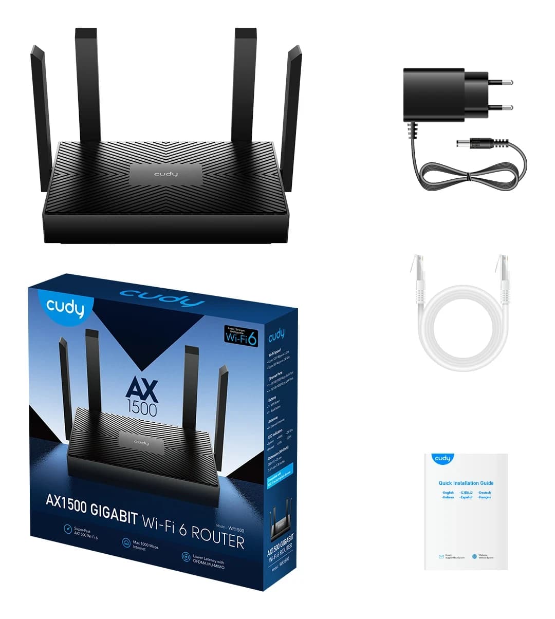 Беспроводной маршрутизатор Wi-Fi CUDY WR1500 AX1500 Gigabit 6 Dual-Band Wi-Fi 6, 1201Mb/s 5GHz+300Mb/s 2.4GHz, 4xLAN 1Gbp/s, 4 антенны x5dBi, OFDMA, MU-MIMO