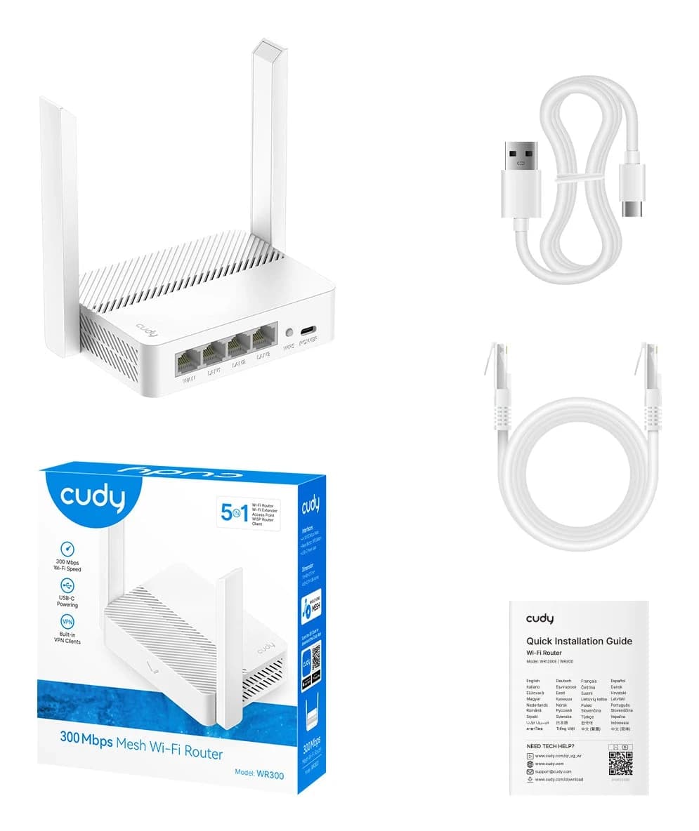 Беспроводной маршрутизатор Wi-Fi CUDY WR300 N300 режимы AP/RE/WISP/Mesh Satellite, 2.4GHz, 4xLAN 10/100 Mbp/s, 2 антенны, 2x2MIMO, IPTV