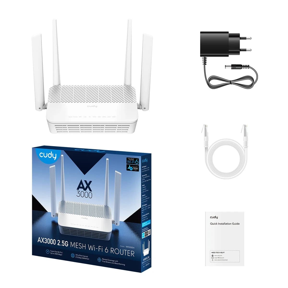 Беспроводной маршрутизатор Wi-Fi CUDY WR3000H AX3000 2.5G Dual Band Wi-Fi 6 Mesh Router, 802.11ax/ac/a/b/g/n, 2402Mbps at 5GHz + 574Mbps at 2.4GHz, 1 x 2.5G Port , 4 x 10/100/1000Mbps Ports, 4 x 5dBi fixed antennas, PPTP/L2TP/OpenVPN/WireGuard, MU-MIMO
