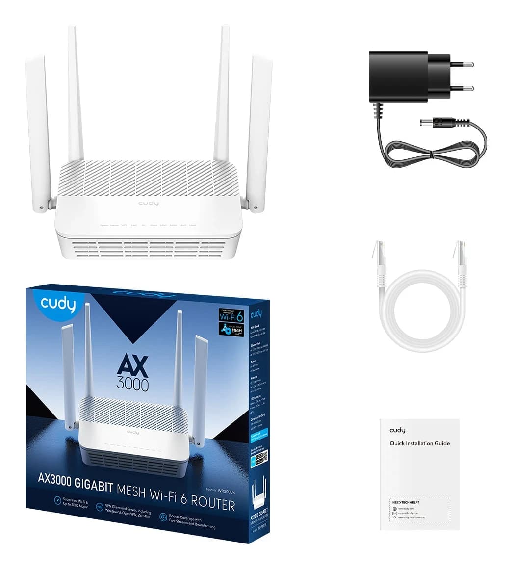Беспроводной маршрутизатор Wi-Fi CUDY WR3000S AX3000 Gigabit Dual Band Wi-Fi 6 Mesh Router, 802.11ax/ac/a/b/g/n, 2402Mbps at 5GHz + 574Mbps at 2.4GHz, 5 x 10/100/1000Mbps Ports, 4 x 5dBi fixed antennas, PPTP/L2TP/OpenVPN/WireGuard, MU-MIMO