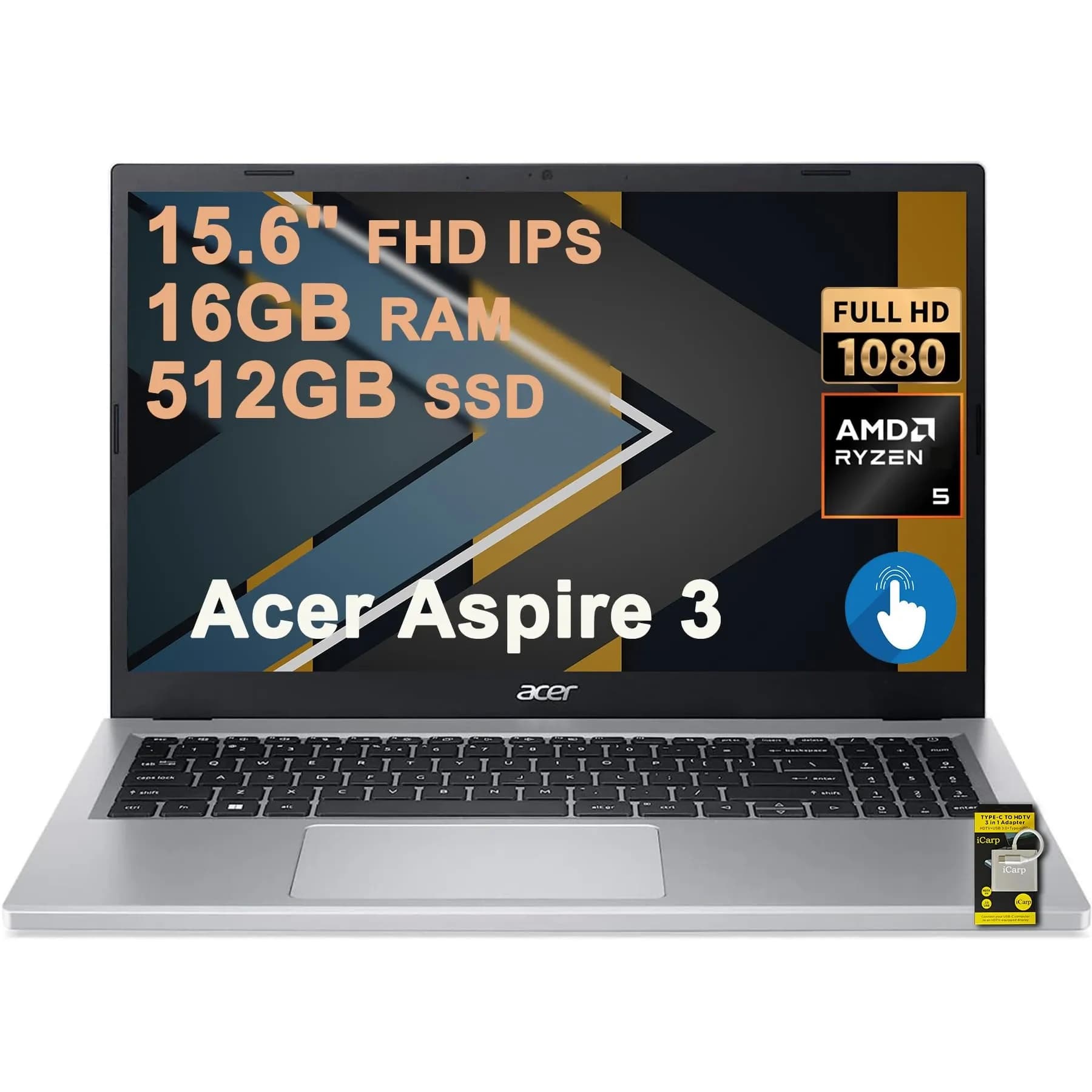 Ноутбук Acer Aspire Go AG15-21PT-R5GQ, AMD Ryzen 5 7520U (up to 4.3Ghz), 8GB DDR5, 512GB SSD m2 NVMe, 15.3" FHD Touch IPS, AMD RadeonTM 610M, Type-C HDMI WF BT WIN11H, ENG-RUS, серебро [NX.JJJAA.004]