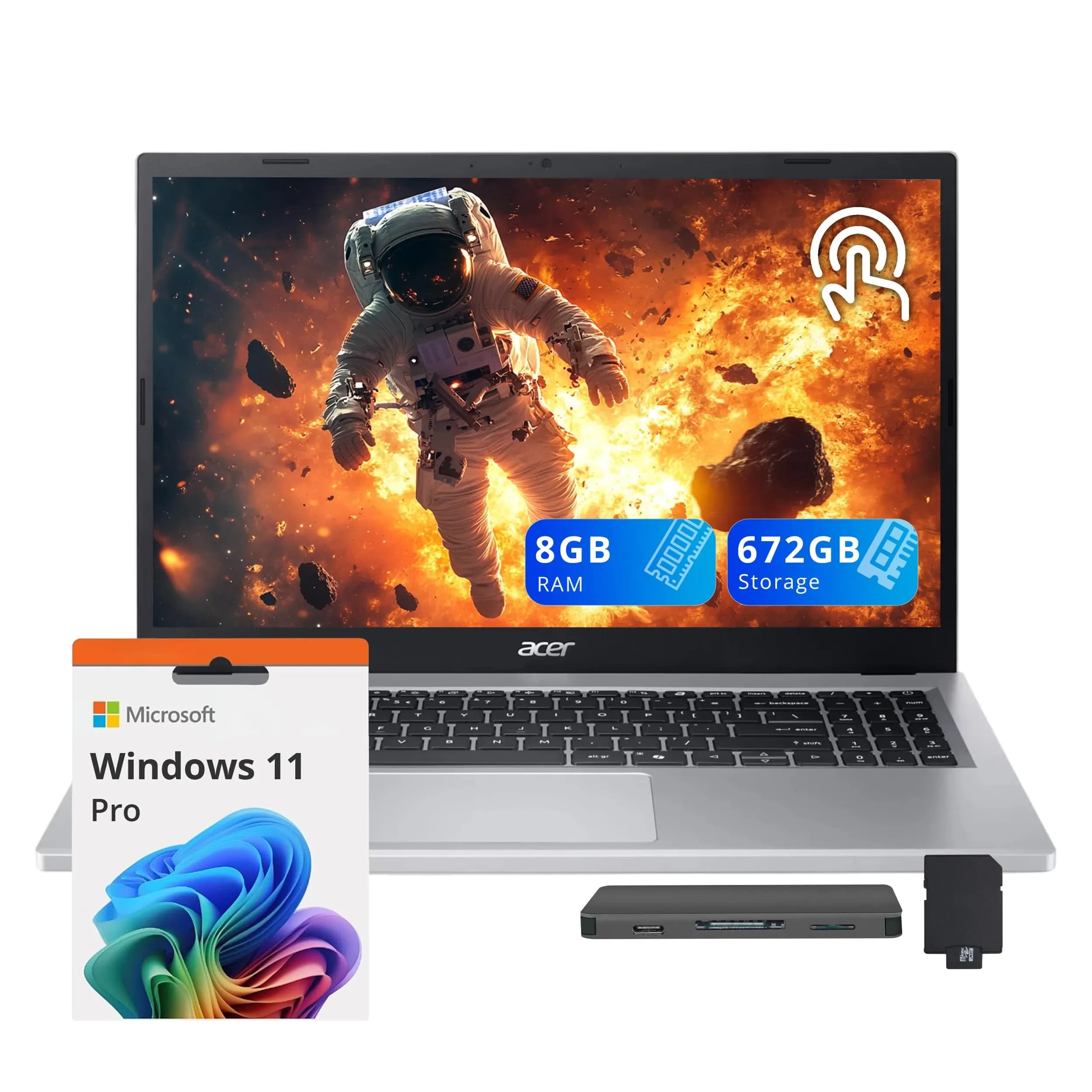 Ноутбук Acer Aspire Go AG15-21PT-R5GQ, AMD Ryzen 5 7520U (up to 4.3Ghz), 8GB DDR5, 512GB SSD m2 NVMe, 15.3" FHD Touch IPS, AMD RadeonTM 610M, Type-C HDMI WF BT WIN11H, ENG-RUS, серебро [NX.JJJAA.004]