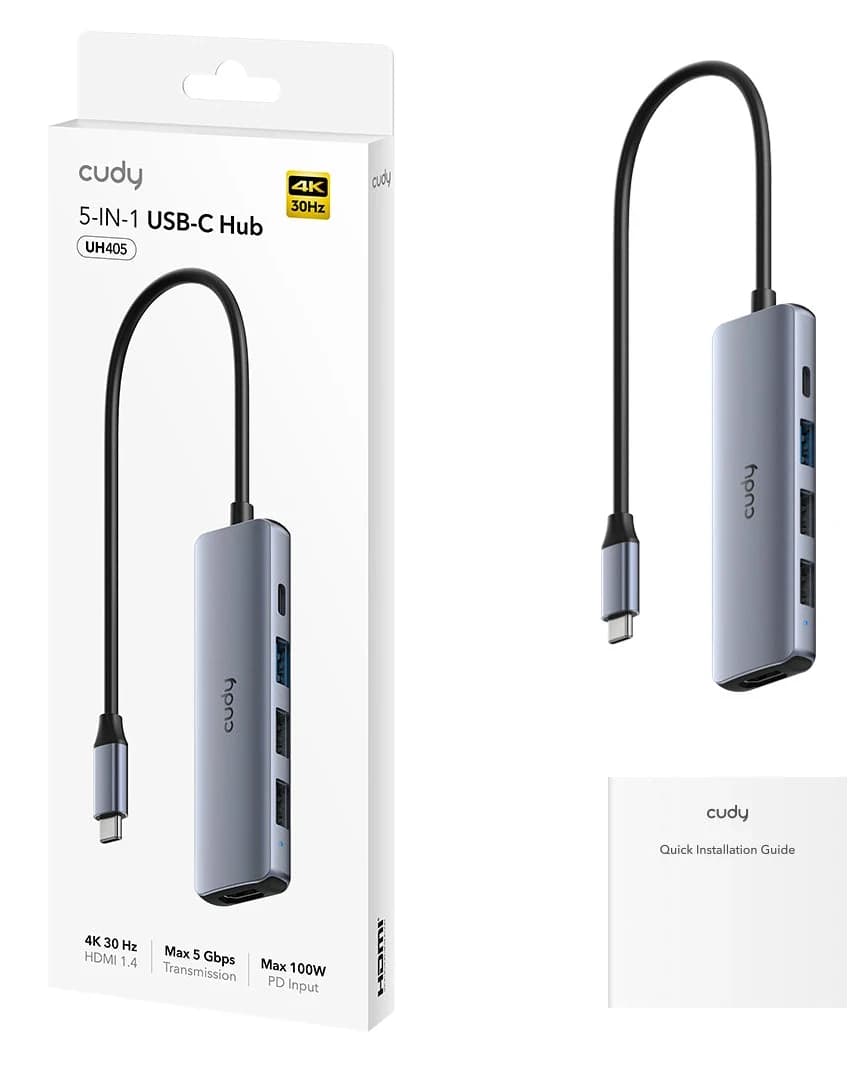 Разветвитель USB CUDY UH405 5-IN-1 USB Hub, Aluminium,1 USB-C 3.0 5Gbps male connecter 25cm, 1x 4K@30Hz HDMI Port, 1x 100W USB-C for PD Charging, 1 USB-A 3.0 5Gbps Port, 2 USB-A 2.0 Data Ports