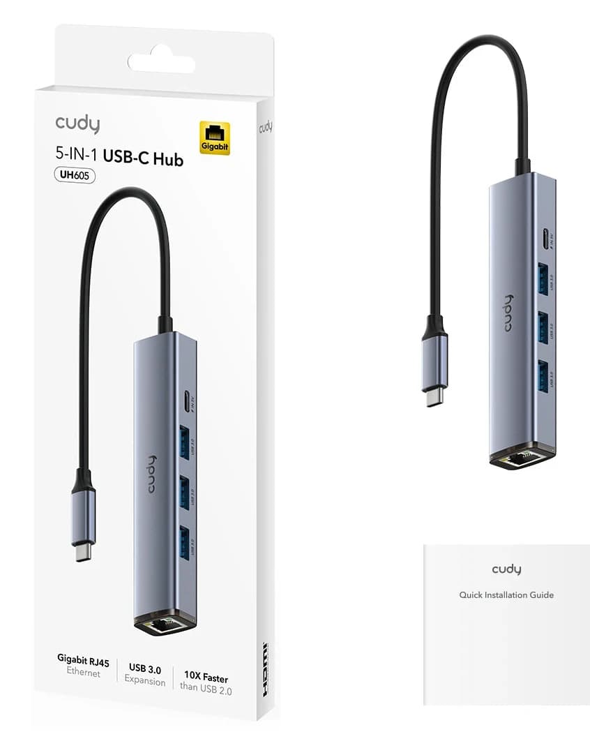 Разветвитель USB CUDY UH605 5-IN-1 USB Hub, Aluminium,1xUSB-C 3.0 5Gbps male connecter, 3x USB-A 3.0 5Gbps Port, 1xRJ45