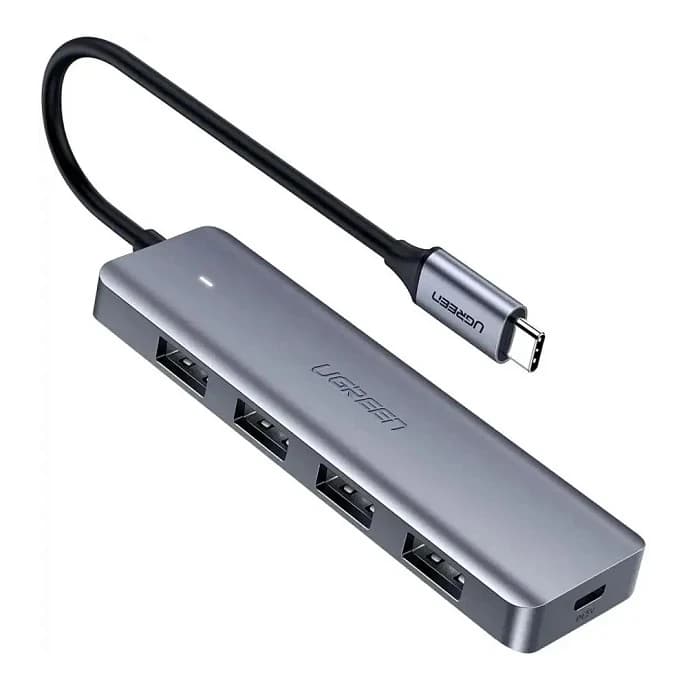 Разветвитель USB-HUB UGREEN CM219 USB-С 3.0 - 4xUSB 3.2, 0.15м, with USB Power Supply, серый