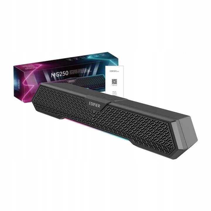 Беспроводная колонка Edifier MG250, 2.5W+2.5W (RMS), 52mm drivers, ≥ 85dB (A), Bluetooth v5.3, AUX, USB-A, управляемая RGB, 20 часов звучания, 80Hz-19000Hz, 383.2mmx71.2mmx86.3mm, 0.8kg, черный