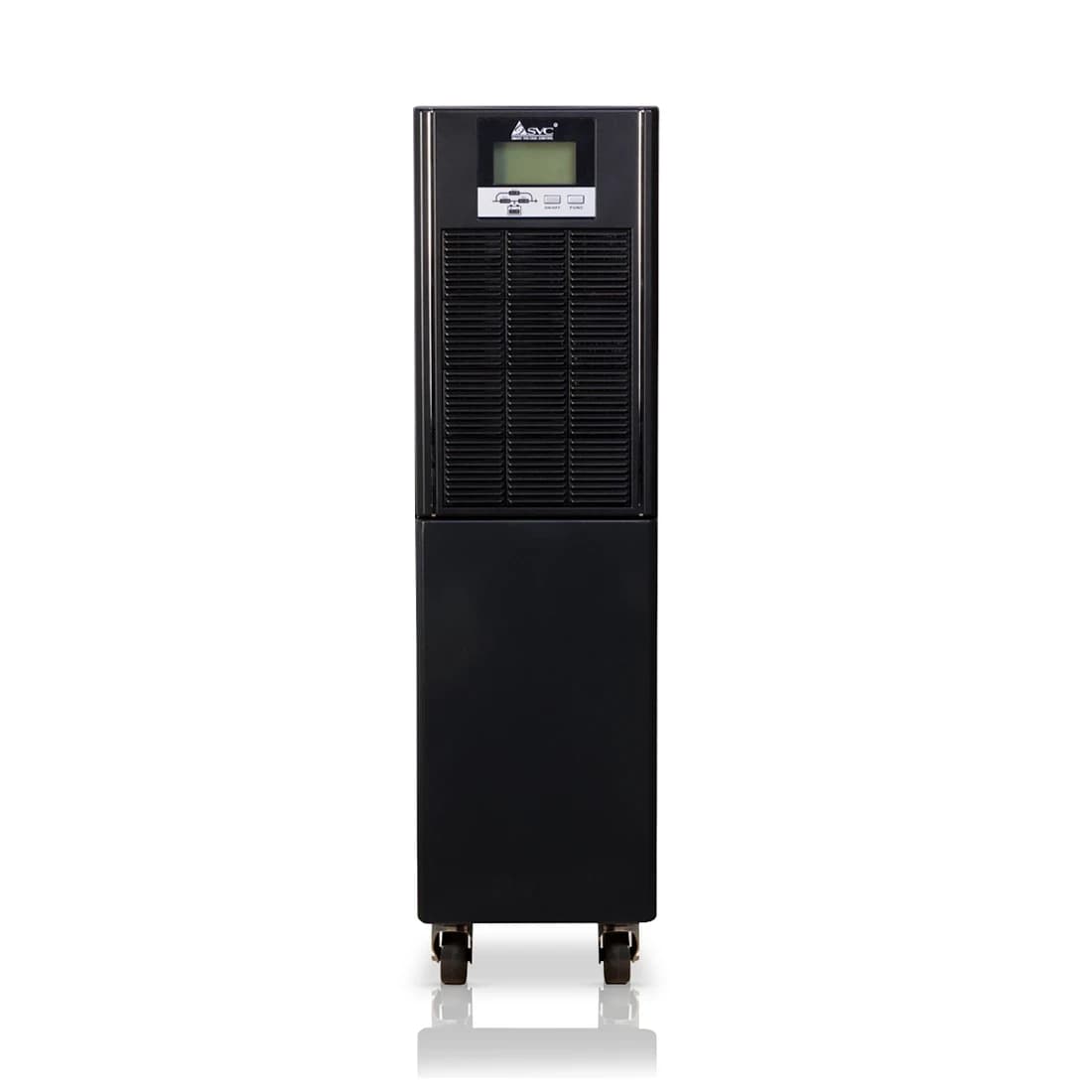 ИБП UPS SVC PTS-6KL-LCD, Мощность 6кВА/6кВт, PTS-серия, On-Line, LCD\RS-232, SMART, Диапазон работы AVR: 110-288В, Бат.: 12В/7Ач*16шт., Клеммная колодка, Вентилятор: 12см*1шт., Черный (2 года на устройство, 1 год на аккумуляторы)