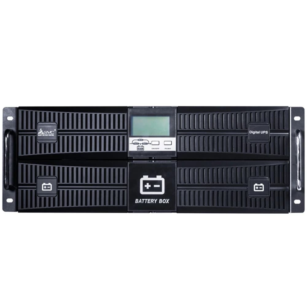 ИБП UPS SVC RT-6KL-LCD, Мощность 6кВА/6кВт, Стоечный 19'' 4U,RT-серия, On-Line, LED-LСD\RS-232, SMART USB, Диапазон работы AVR: 110-288В, Бат.:12В/7Aч*16шт., Вентилятор: 8cм*2шт., Клеммное подключение, Черный