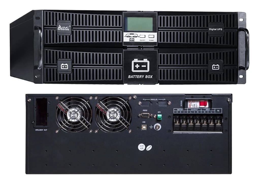 ИБП UPS SVC RT-6KL-LCD, Мощность 6кВА/6кВт, Стоечный 19'' 4U,RT-серия, On-Line, LED-LСD\RS-232, SMART USB, Диапазон работы AVR: 110-288В, Бат.:12В/7Aч*16шт., Вентилятор: 8cм*2шт., Клеммное подключение, Черный
