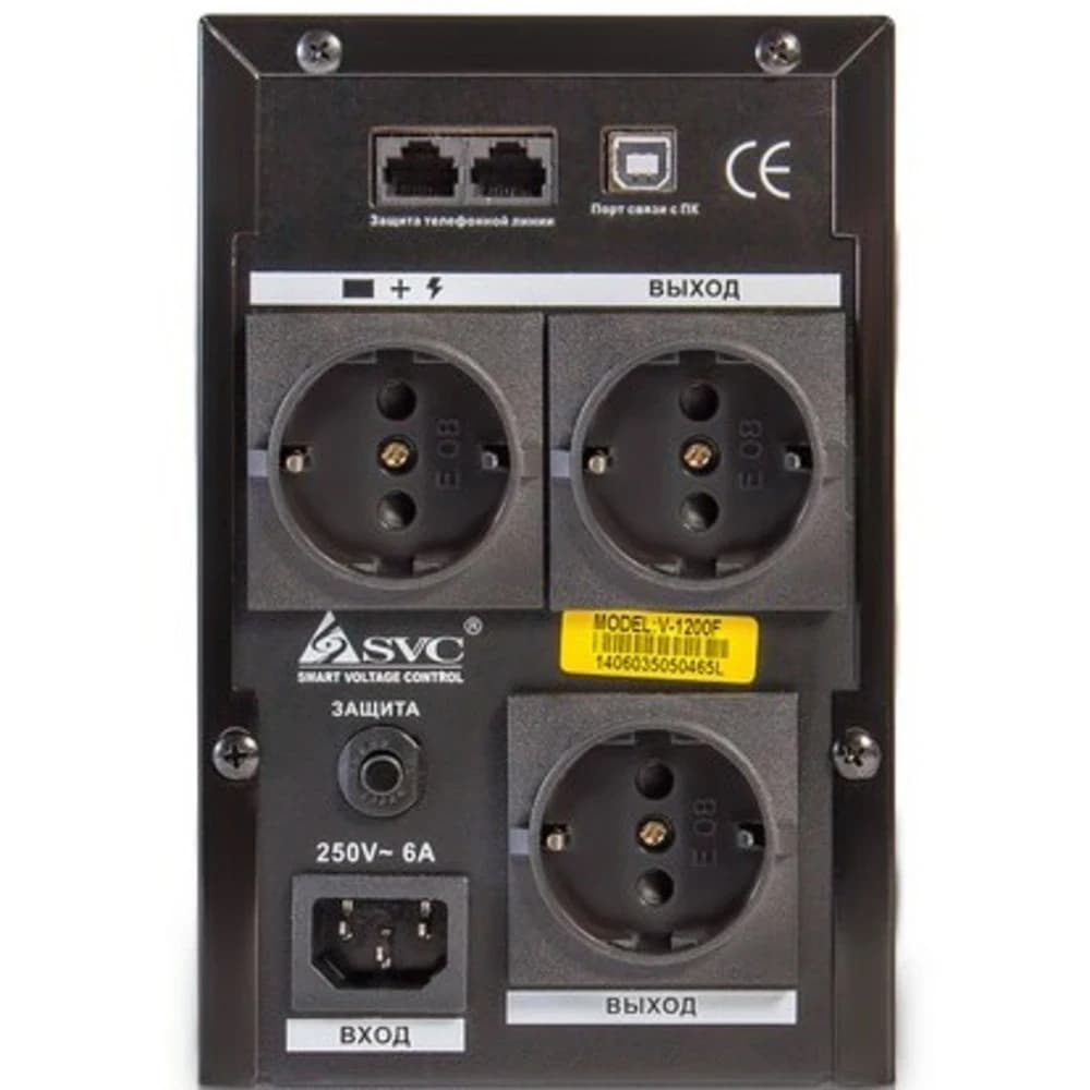 ИБП UPS SVC V-1200-F, 1200VA(720W), 12V/7.5Ah, AVR стабилизатор: 165-275V, 3 вых: 2 системных+1 для принтера (Bypass), защита тел. линии, Black, USB, LED подсветка