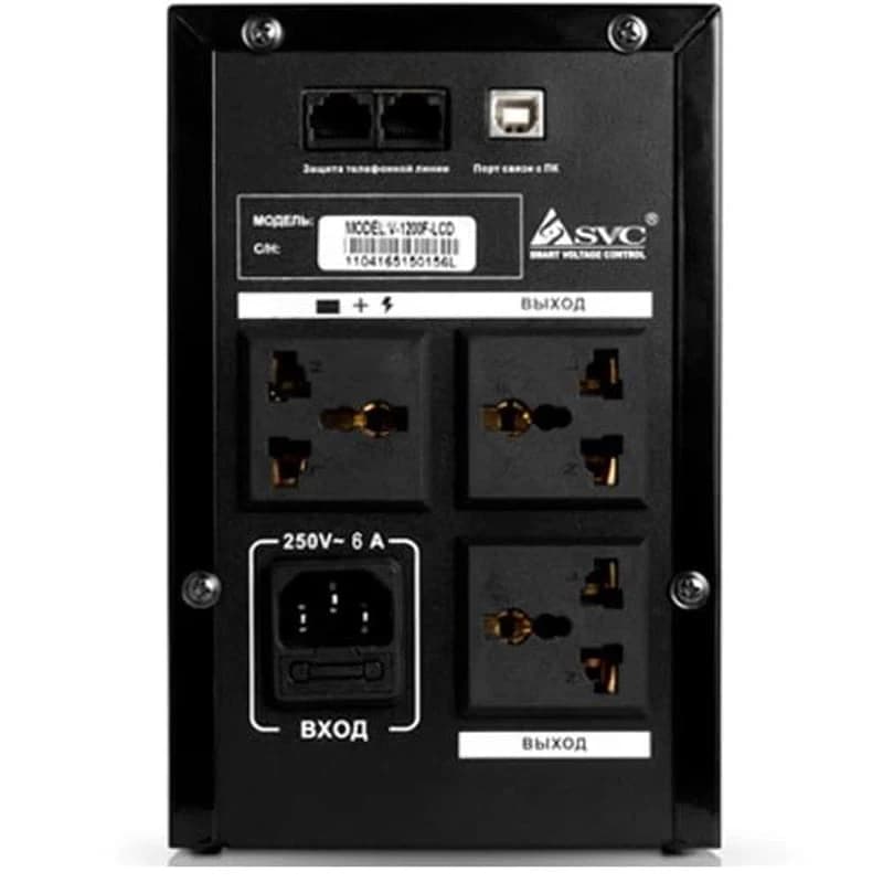 ИБП UPS SVC V-1200-F-LCD, 1200VA(720W), 12V/7.5Ah, AVR cтабилизатор: 165-275ВА, 3 вых: 2 системных+1 для принтера (Bypass), Black, USB (технология Smart), LCD display