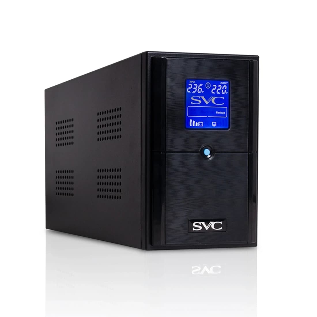 ИБП UPS SVC V-1500-L-LCD, Мощность: 1500ВА/900Вт, Диапазон работы AVR: 165-275В, Бат.: 12В/9 Ач*2шт., 3 вых.: Shuko CEE7, Черный