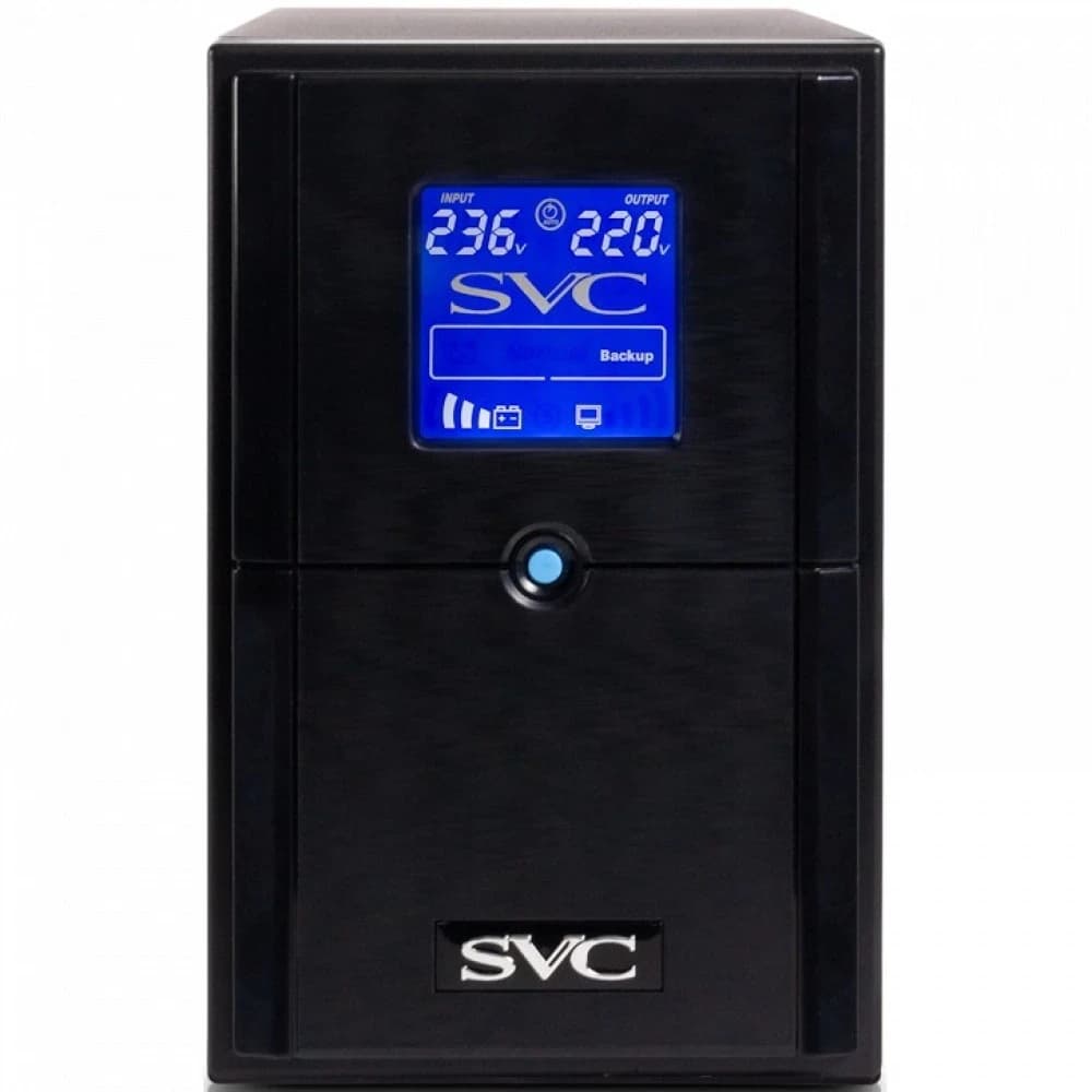 ИБП UPS SVC V-1500-L-LCD, Мощность: 1500ВА/900Вт, Диапазон работы AVR: 165-275В, Бат.: 12В/9 Ач*2шт., 3 вых.: Shuko CEE7, Черный