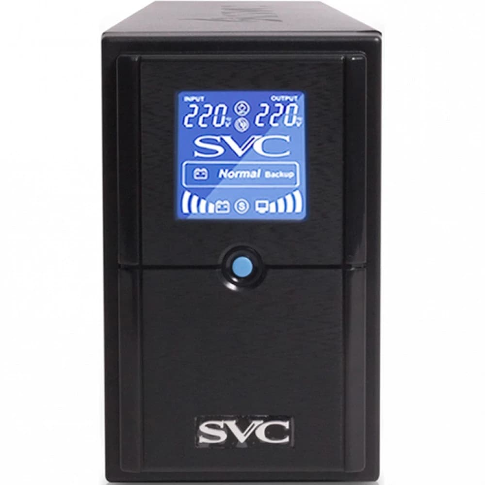 ИБП UPS SVC V-650-L-LCD, 650VA(390W), Диапазон работы AVR: 165-275В, AVR в режиме Booster: 138-292В, Бат.: 12В/7.5 Ачx1шт.,LCD-дисплей, 3 вых.: 2 Shuko CEE7+1 IEC C13 (Bypass), Черный