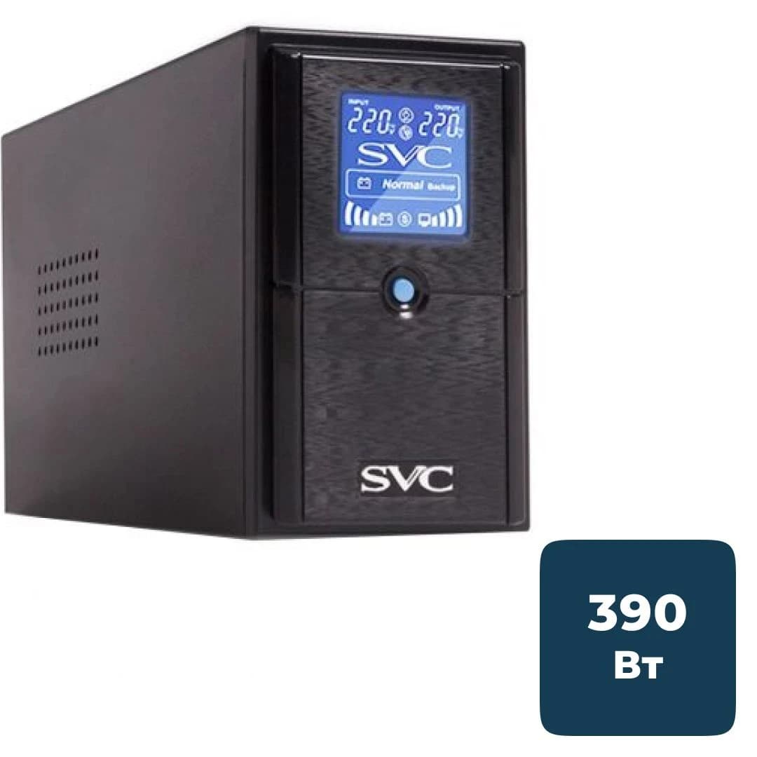 ИБП UPS SVC V-650-L-LCD, 650VA(390W), Диапазон работы AVR: 165-275В, AVR в режиме Booster: 138-292В, Бат.: 12В/7.5 Ачx1шт.,LCD-дисплей, 3 вых.: 2 Shuko CEE7+1 IEC C13 (Bypass), Черный