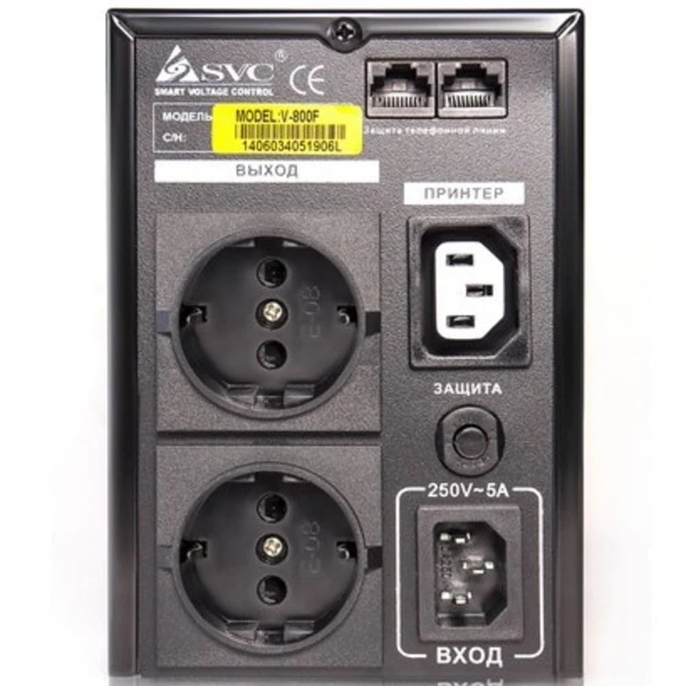 ИБП UPS SVC V-800-F, 800VA(480W), 12V/9Ah, AVR стабилизатор: 165-275V, 3 вых: 2 системных+1 для принтера (Bypass), защита тел. линии, Black