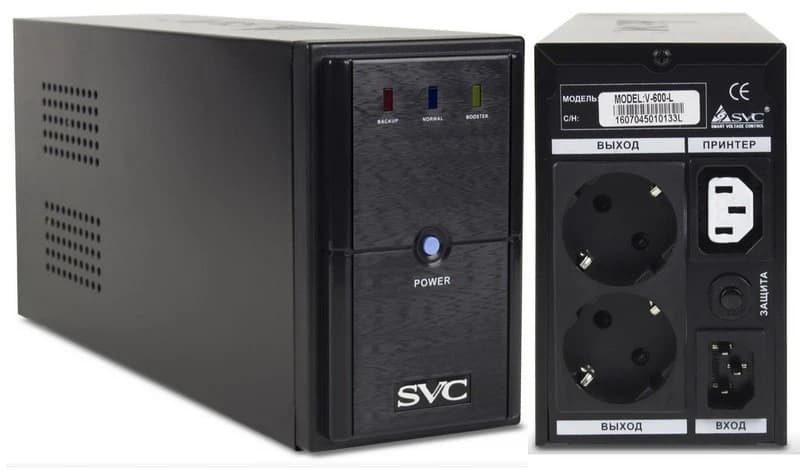 ИБП UPS SVC V-800-L, 800VA(480W), 12V/9Ah, 165-275В, Вход 220В, Выход 220В +/-10% x 3 вых. (2 Shuko CEE7 + 1 IEC C13 (Bypass)), Частота 50Гц, Время переключения 3 м/с, Черный, Пластиковый корпус
