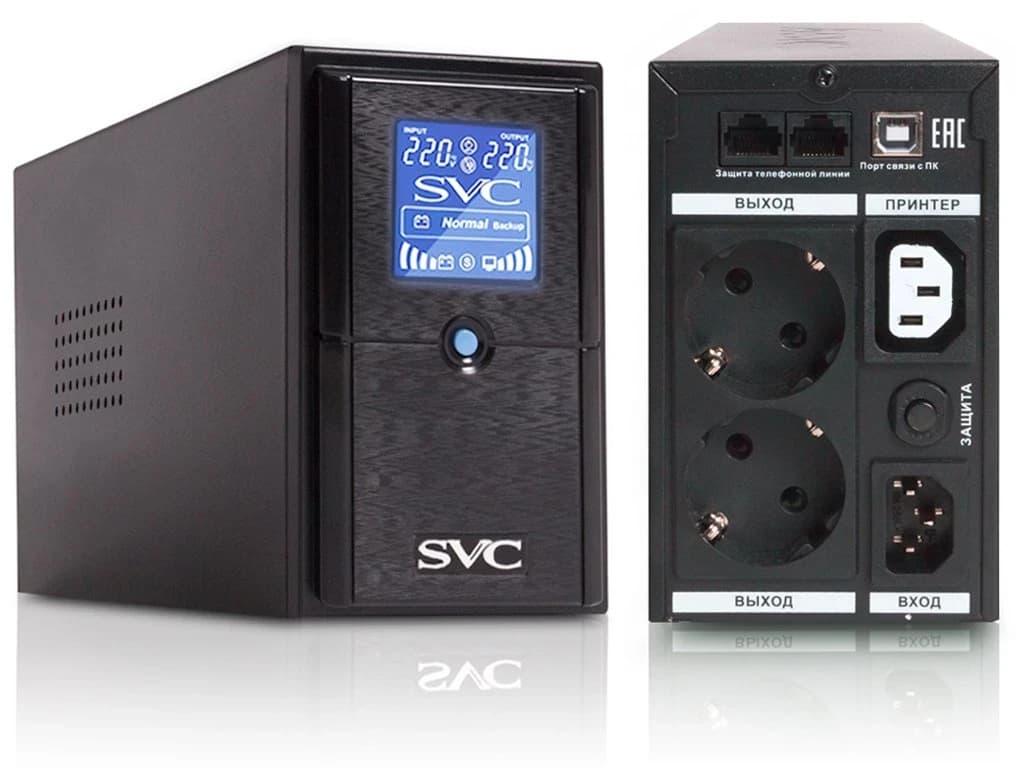 ИБП UPS SVC V-800-L-LCD, Мощность 800ВА/480Вт, Диапазон работы AVR: 165-275В, AVR в режиме Booster: 138-292В, Бат.: 12В/9 Ач*1шт., 3 вых.: 2 Shuko CEE7+1 IEC C13 (Bypass), Черный (1 год)