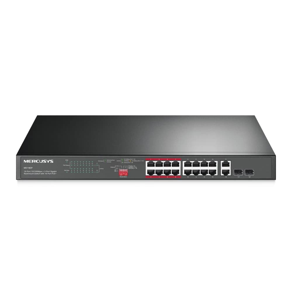 HUB Switch Mercusys(TP-Link)MS118CP 16Port 10/100Mbps + 2Port Gigabit with 16-Port 190W PoE+