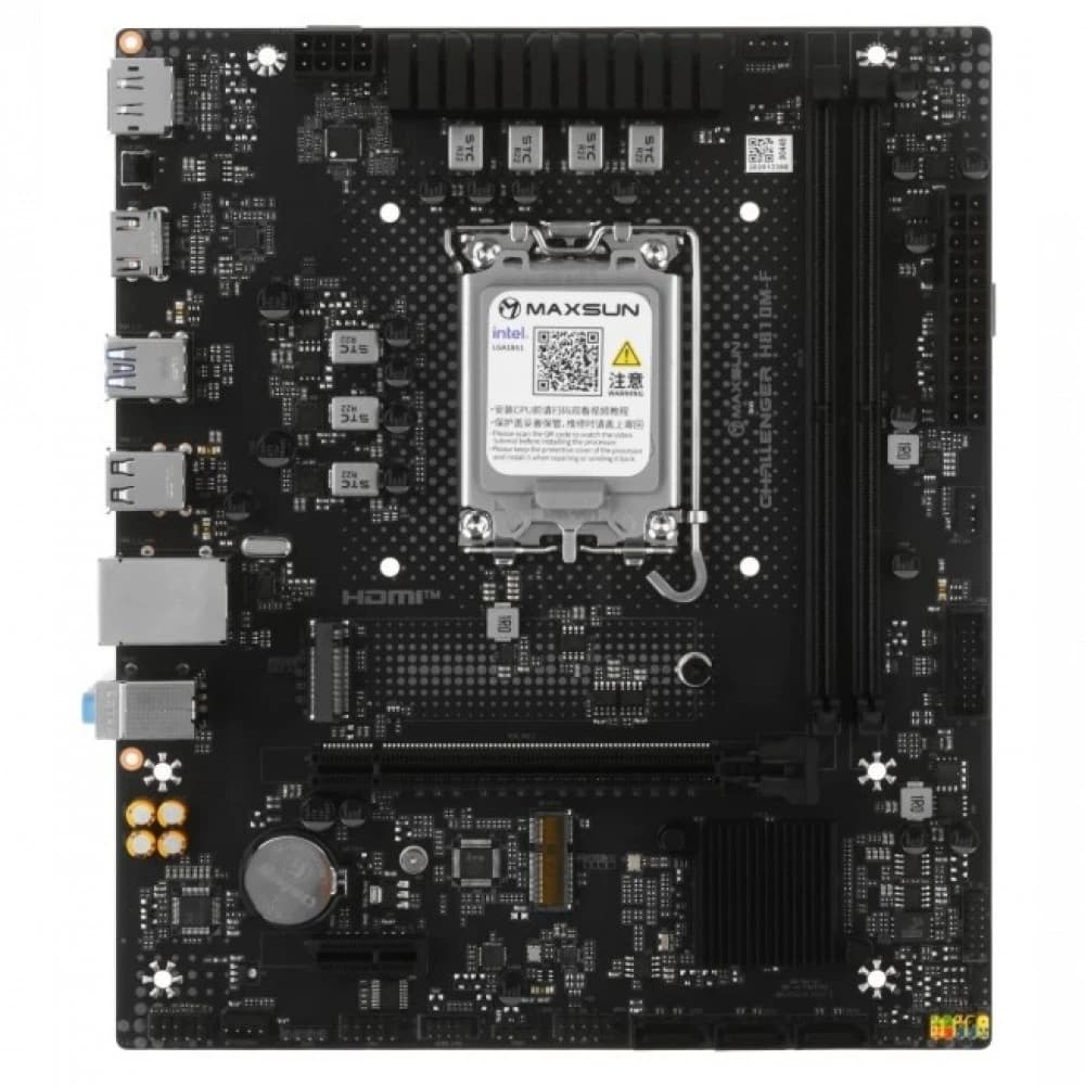 Матплата MAXSUN MS-Challenger H810M-F, LGA1851, Intel H810, 2xDDR5, 1xPCI-E16X, 1xPCI-E1x, Sound8Ch, GBLAN, 2SATA+M.2, mATX, 4USB3.2+5USB2.0, HDMI, DP