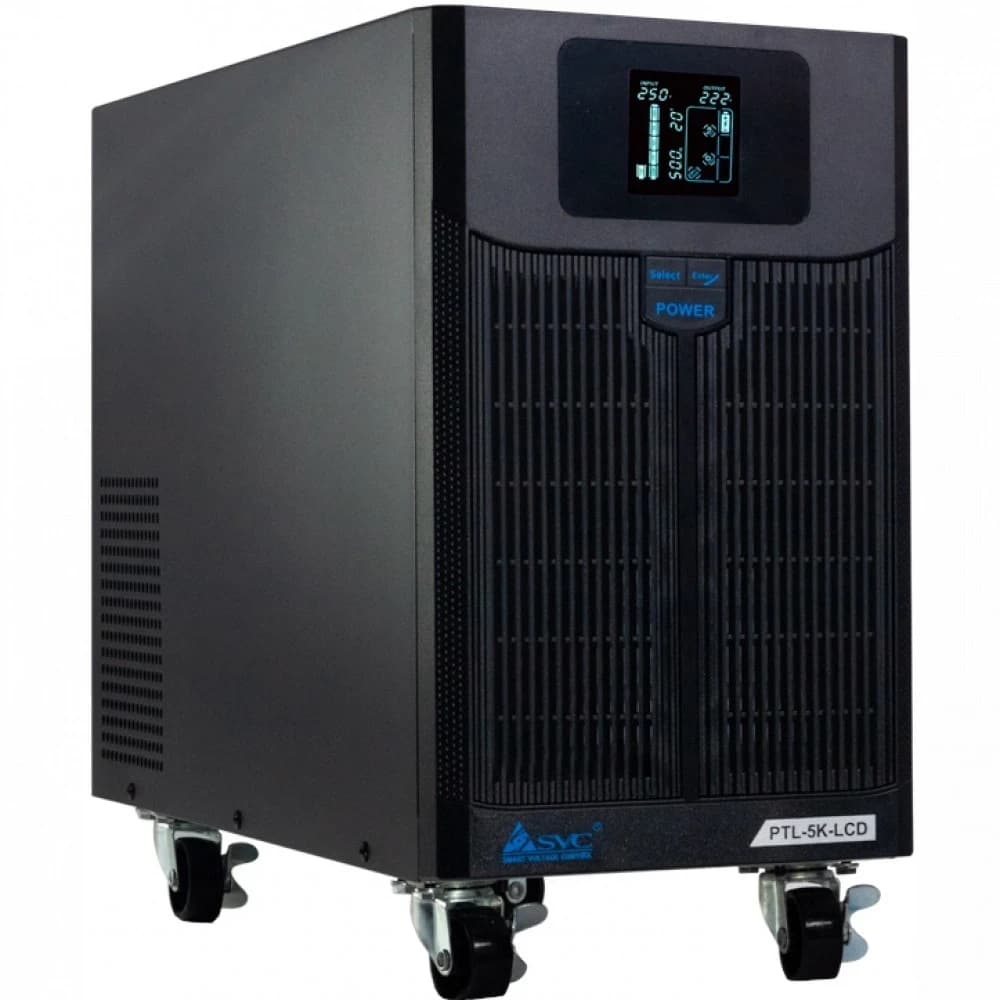 ИБП UPS SVC PTL-5K-LCD, Мощность 5000ВА/4000Вт, PTL-серия, LCD\Tel.line\USB(Smart), Диапазон работы AVR: 145-275В, Бат.: 12В/17Ah*4шт., 3 вых. + клеммная колодка, Черный