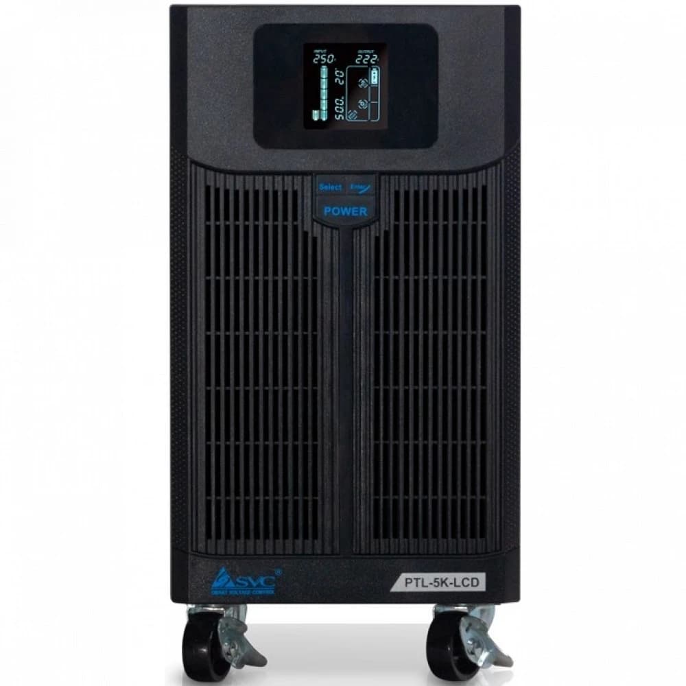 ИБП UPS SVC PTL-5K-LCD, Мощность 5000ВА/4000Вт, PTL-серия, LCD\Tel.line\USB(Smart), Диапазон работы AVR: 145-275В, Бат.: 12В/17Ah*4шт., 3 вых. + клеммная колодка, Черный