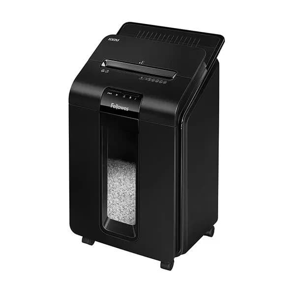 Шредер Fellowes AUTOMAX 100M Уровень секретности P-4, Фрагмент 4х10 мм, Подача 10(100) лист, автоподача, Емкость корзины 23 л, Уничтожение скоб, скрепок, пл. карт, Черный