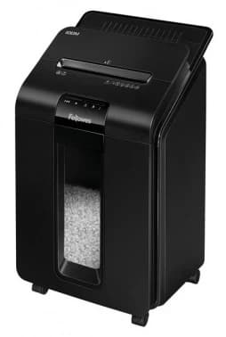 Шредер Fellowes AUTOMAX 100M Уровень секретности P-4, Фрагмент 4х10 мм, Подача 10(100) лист, автоподача, Емкость корзины 23 л, Уничтожение скоб, скрепок, пл. карт, Черный