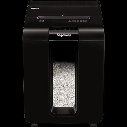Шредер Fellowes AUTOMAX 100M Уровень секретности P-4, Фрагмент 4х10 мм, Подача 10(100) лист, автоподача, Емкость корзины 23 л, Уничтожение скоб, скрепок, пл. карт, Черный