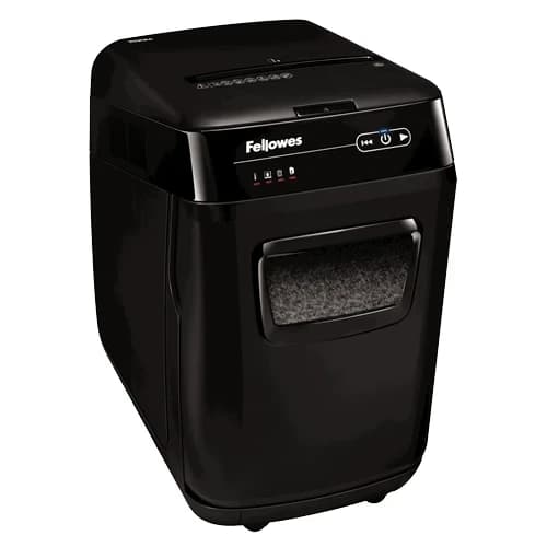 Шредер Fellowes AUTOMAX 200M Уровень секретности P-5, Фрагмент 2х14 мм, Перекрестный, Подача 10(200) лист, автоподача, автореверс, Емкость корзины 32 л, Уничтожение скоб, скрепок, пл. карт, Черный
