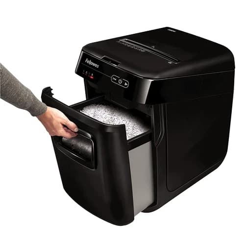 Шредер Fellowes AUTOMAX 200M Уровень секретности P-5, Фрагмент 2х14 мм, Перекрестный, Подача 10(200) лист, автоподача, автореверс, Емкость корзины 32 л, Уничтожение скоб, скрепок, пл. карт, Черный