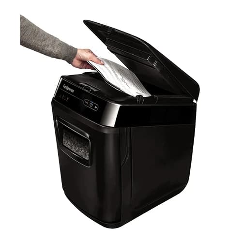 Шредер Fellowes AUTOMAX 200M Уровень секретности P-5, Фрагмент 2х14 мм, Перекрестный, Подача 10(200) лист, автоподача, автореверс, Емкость корзины 32 л, Уничтожение скоб, скрепок, пл. карт, Черный